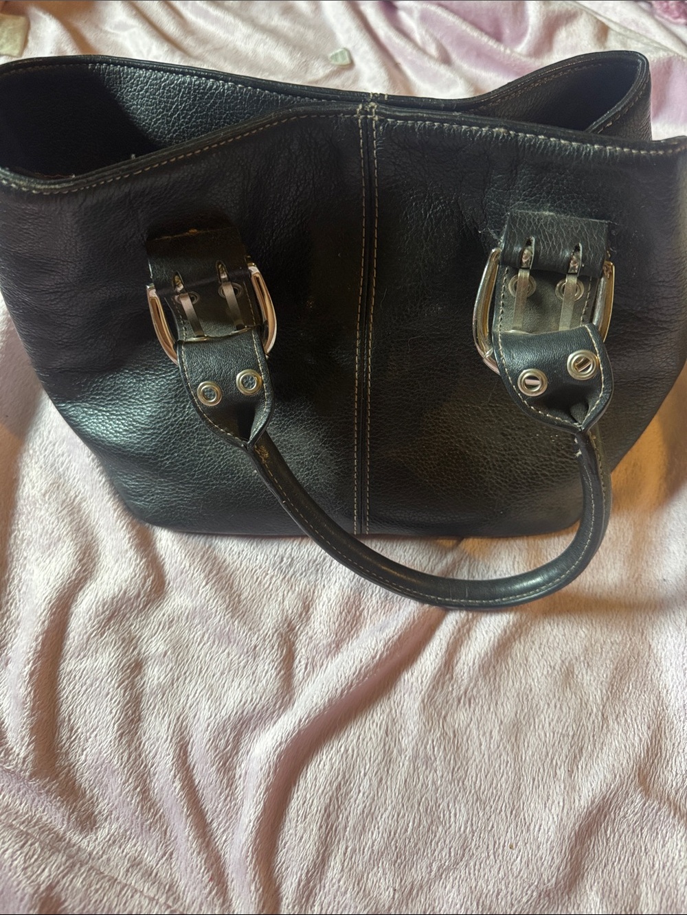 Tignanello Black Leather Shoulder Tote with Buckle Accents